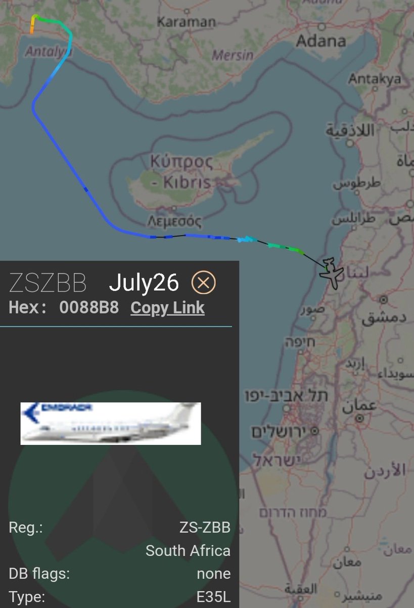 LebanonJets's tweet photo. #ZSZBB a newly registered in South Africa jet under "Caledon Precious Gem" (dafuk?) ID hidden from public tracking arrived from #Antalya to #Beirut https://t.co/BWPydA6kPP