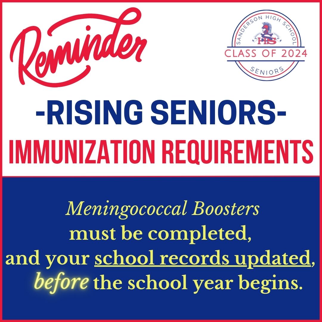 All rising seniors must have completed their Meningococcal Booster, and have updated their immunization school records, before the school year begins. All information can be found here: wcpss.net/site/Default.a…