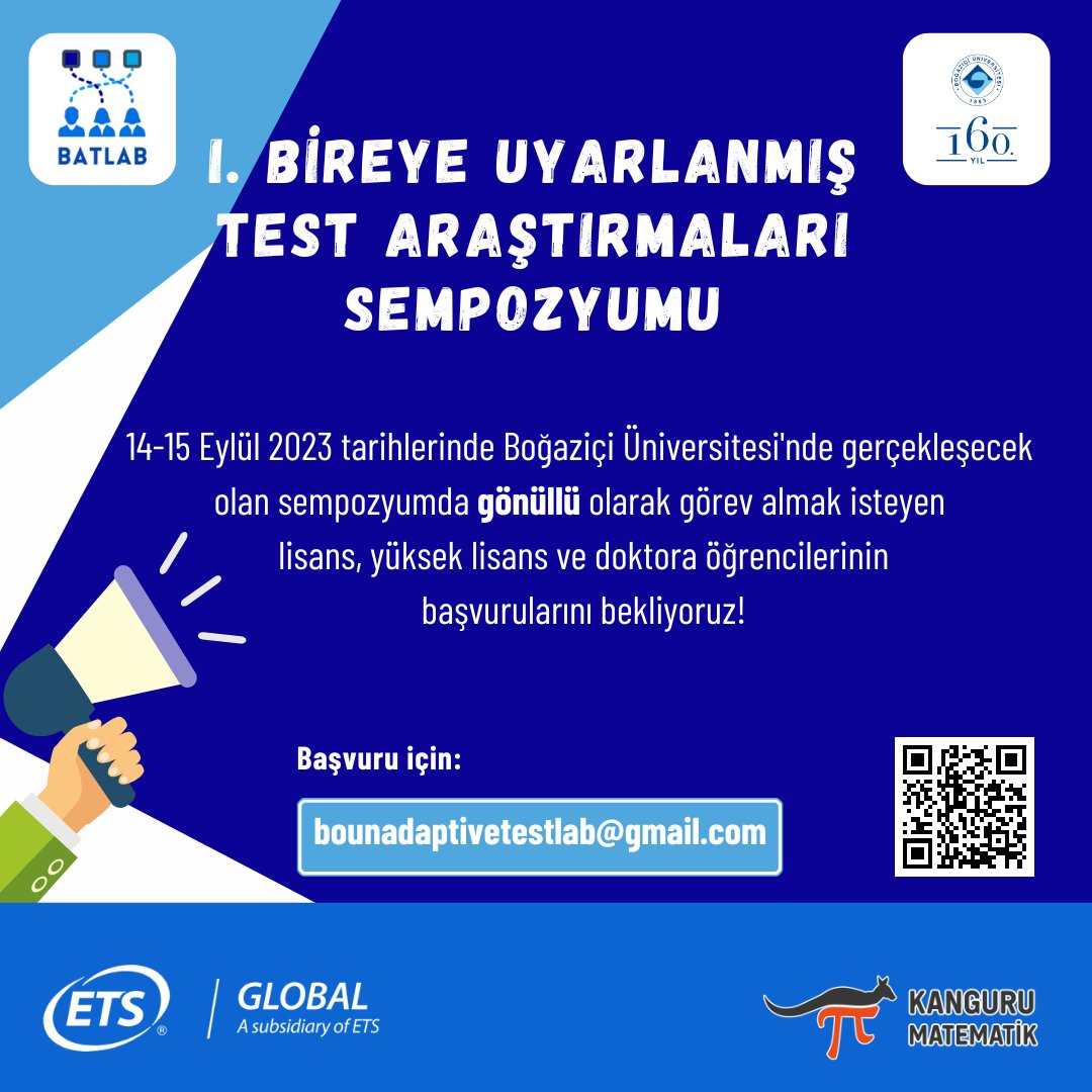 Sempozyumda gönüllü olarak görev almak isteyen öğrencilerin başvurularını bekliyoruz.

QR kodu kullanarak veya sempozyum.adaptivetest.net adresinden sempozyum hakkında detaylı bilgi alabilirsiniz.