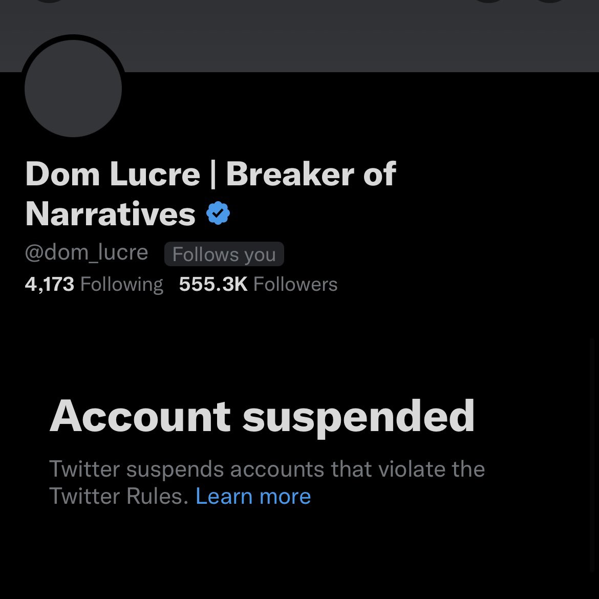 The dude that exposes woke corruption is now suspended .<a href="/dom_lucre/">Dom Lucre | Breaker of Narratives</a> 

This ain’t right .<a href="/elonmusk/">Elon Musk</a>