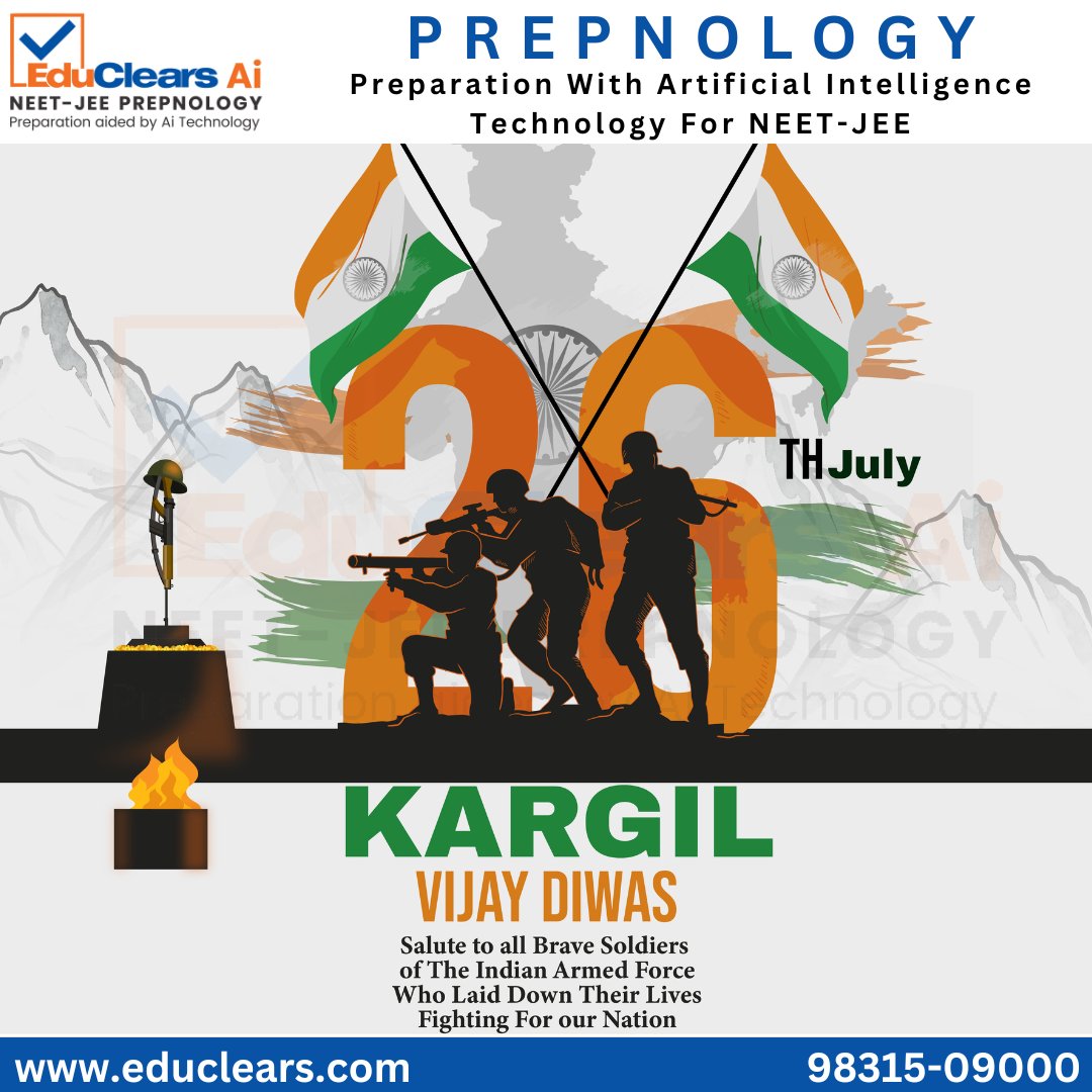 EduClears's tweet photo. On this Kargil Vijay Diwas, let us remember the brave soldiers who laid down their lives for our country's honor. Saluting their courage and sacrifice! Jai Hind!
#kargil #kargildiwas #india #INDIA #soldiers #specialoccasions #WhatsOnToday #VijayDiwas #educlears #prepnology https://t.co/79uaSe8Jgh