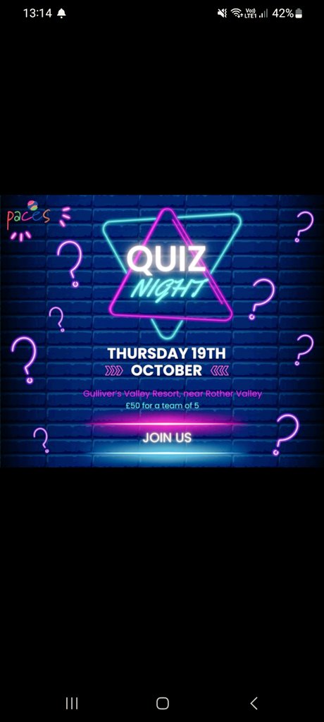 On the 19th October in partnership with <a href="/gulliversfun/">Gulliver's Theme Park Resorts</a>, we will be hosting our inaugural quiz night, and we’d love for you to join us 🙌🏼

£50 per team of 5, with some fabulous prizes up for grabs! 🤩

Round up your eggheads and email events@pacessheffield.org.uk

#TeamPaces #Quiz