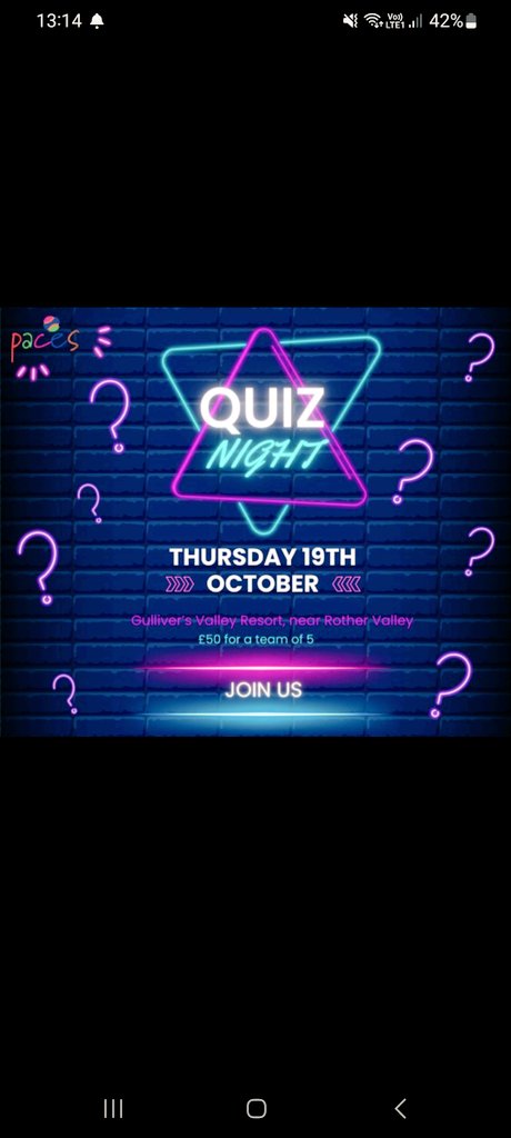 On the 19th October in partnership with @gulliversfun, we will be hosting our inaugural quiz night, and we’d love for you to join us 🙌🏼 £50 per team of 5, with some fabulous prizes up for grabs! 🤩 Round up your eggheads and email events@pacessheffield.org.uk #TeamPaces #Quiz