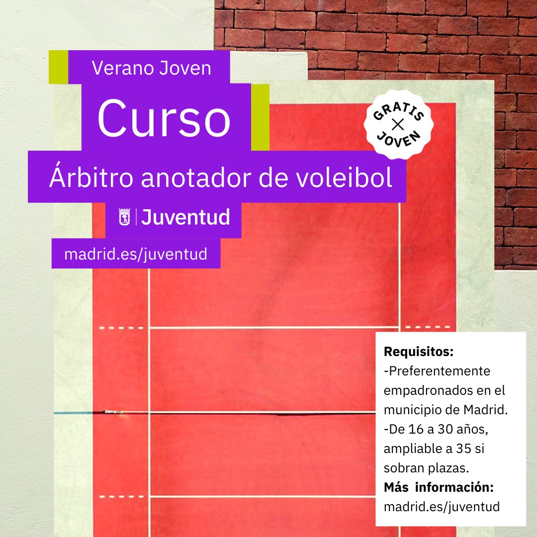 Curso gratuito de Arbitro Anotador de Voleibol de la Campaña #VeranoJoven para jóvenes de entre 16 a 30 años, ampliable a 35 años si quedan plazas disponibles.

Inscripciones 1 de agosto y 2 agosto.

+ Info en madrid.es/juventud 

#MadridEsJoven #InformaciónJuvenil #cursos