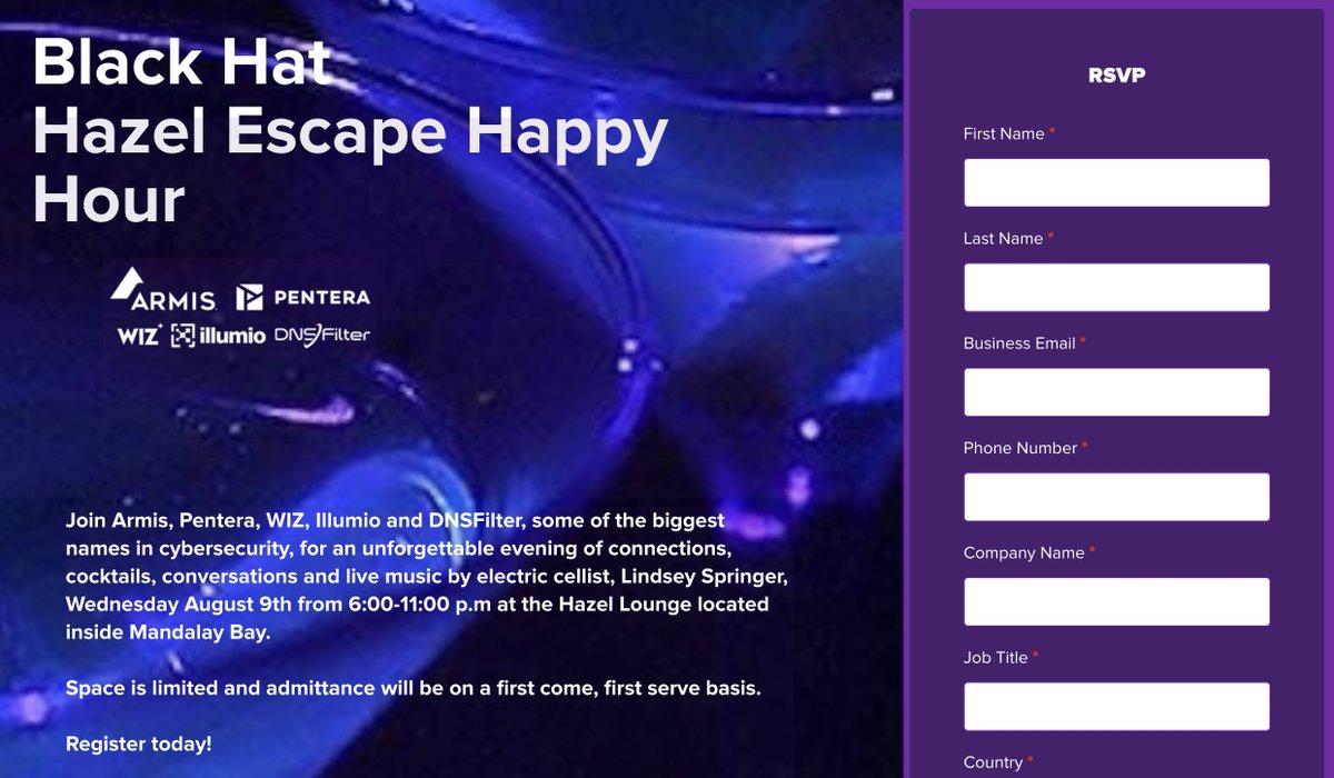 BHUSAParties's tweet photo. Join @PenteraSec @ArmisSecurity @Wiz_io @Illumio &amp; @DNSFilter for 

Hazel Escape Happy Hour! 

It's an Unforgettable Evening of Connections, Cocktails, Conversations and Live Music with @CelloLindsey! 

Enjoy! 

https://t.co/B3lcU80kKM 

#Blackhat #DEFCON #BSidesLV https://t.co/QVug2Sr8FA