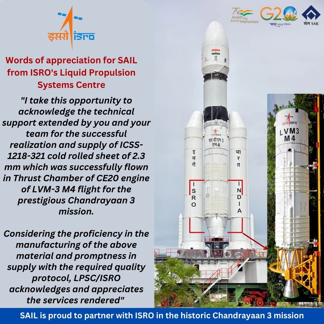 SAIL is proud of partnering with ISRO in the historic Chandrayaan 3 mission

<a href="/isro/">ISRO</a> <a href="/narendramodi/">Narendra Modi</a> <a href="/JM_Scindia/">Jyotiraditya M. Scindia</a> <a href="/fskulaste/">Faggan Singh Kulaste</a> <a href="/PIB_India/">PIB India</a>