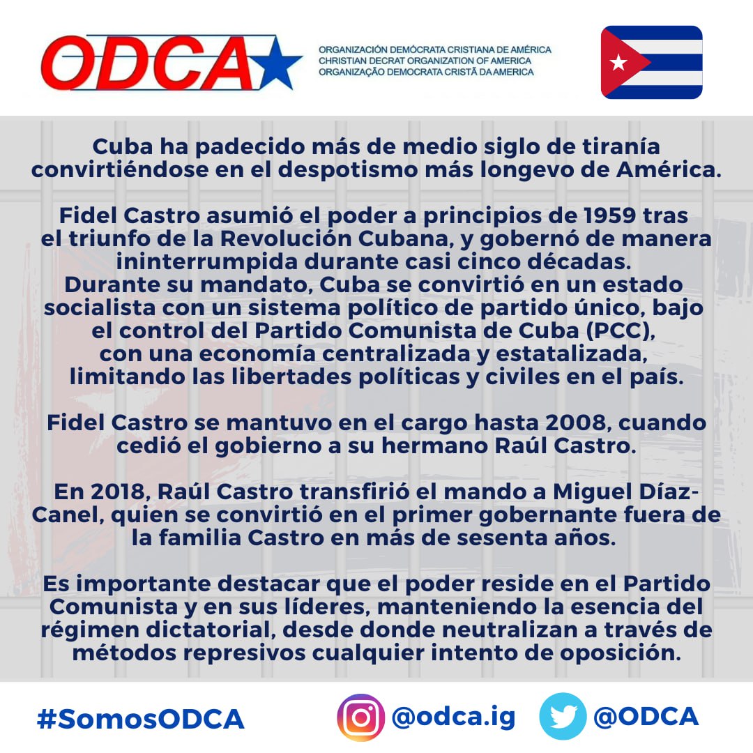 ODCA's tweet photo. En el #MesDeCuba les compartimos información sobre la dictadura cubana que ha secuestrado la isla durante más de medio siglo, convirtiéndose en la tiranía más longeva de América.
#SOSCuba
#SomosODCA
#ODCAEnElMundo
#ODCAConCuba https://t.co/7Qb9lGi4jj
