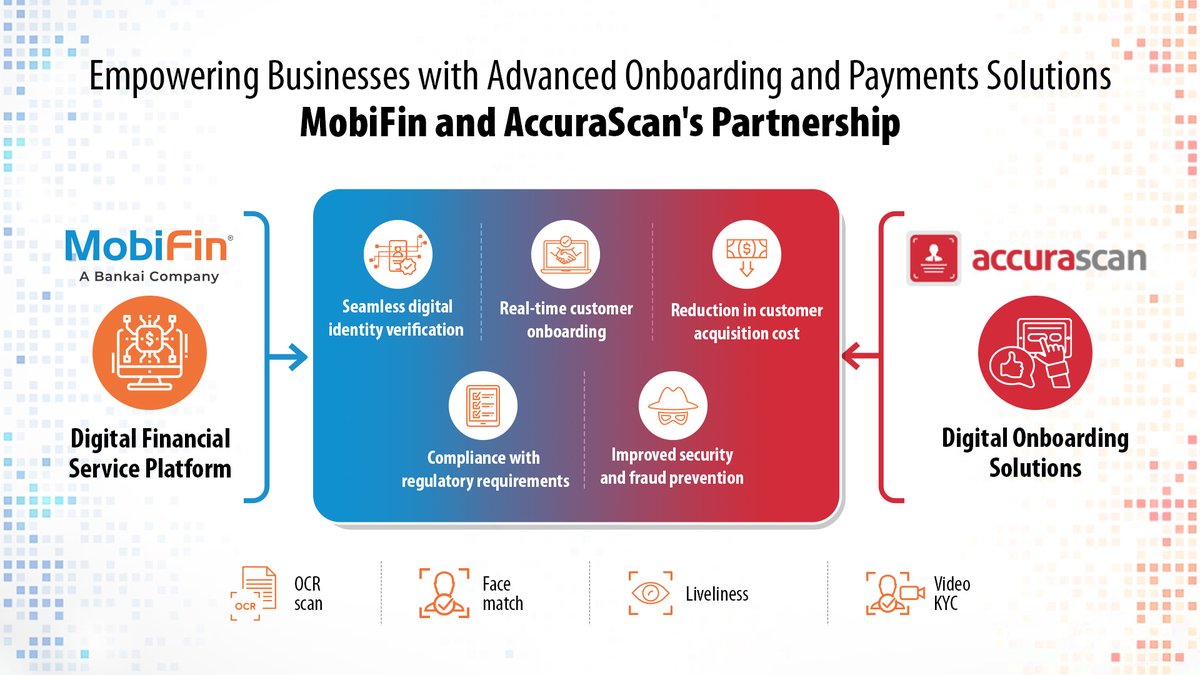 The collaboration between #MobiFin & AccuraScan in the realm of #payments streamlines access to digital financial services, significantly reducing processing time & enhancing security measures to prevent fraudulent activities.

#AccuraScan #Partnership #Fintech #Digitalization