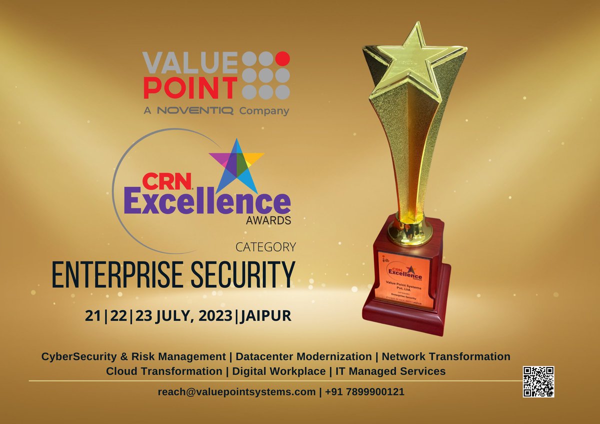 valuepointsys's tweet photo. @valuepointsys , a @Noventiq company is honored and grateful to receive the prestigious CRN Excellence 2023 award in the Enterprise Security Category! This recognition honors our commitment to excellence in the field of cybersecurity. #enterprisesecurity #ValuePoint https://t.co/db8jaJVXBb