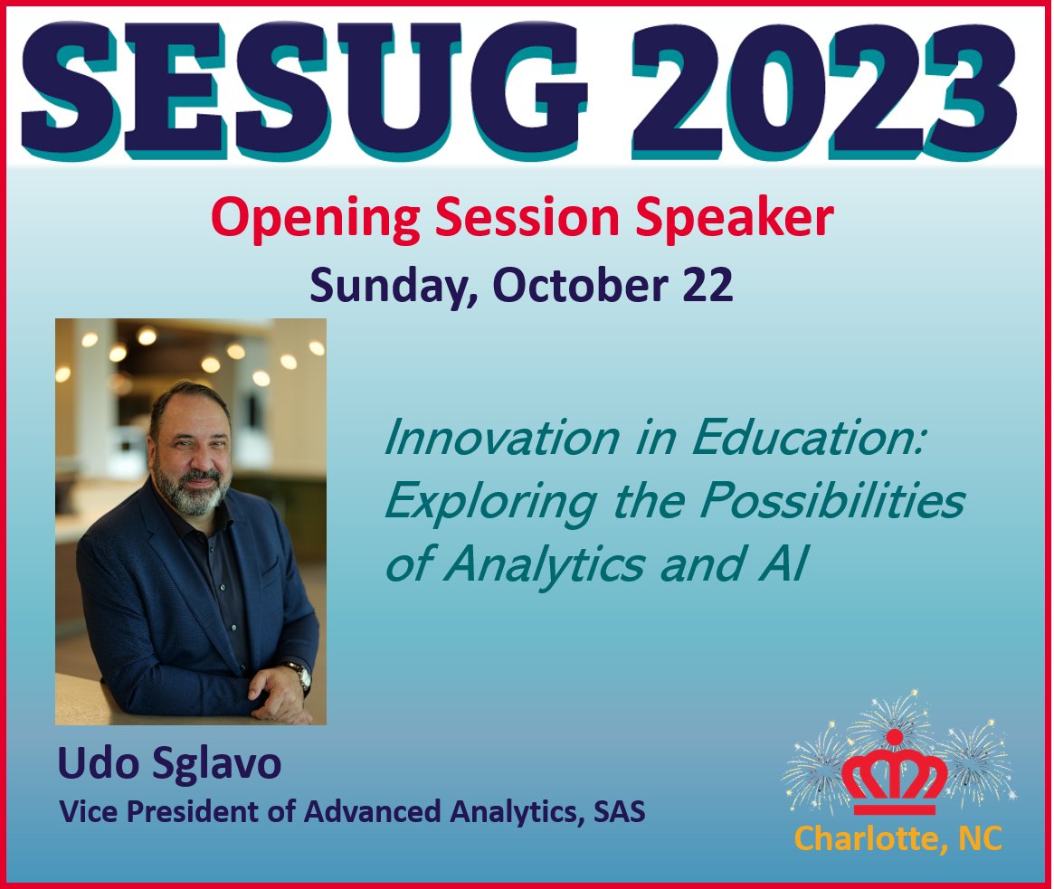 SEASUG_'s tweet photo. Did you know it's less than 3 months to SESUG 2023?
We can't wait to hear our opening keynote on Sunday, October 22nd.
Learn more about Udo Sglavo and his keynote at https://t.co/QDkRehyonh https://t.co/S990ACV4OA