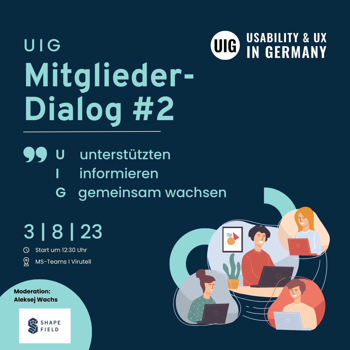 📢 Der UIG Mitglieder-Dialog geht in die 2. Runde!
Am 3. August um 12:30 Uhr ist es wieder soweit und wir freuen uns auf Eure Themen und Geschichten!

Mehr Infos findet Ihr hier: 
kompetenzzentrum-usability.digital/kos/WNetz?art=…

#usability #userexperience #dialog