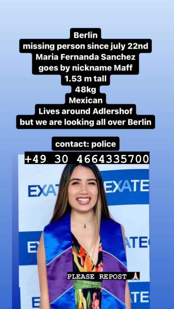 regiaensuecia's tweet image. Vamos a difundir, ojalá encuentren pronto a María Fernanda con bien.
🙏🏼

#missingBerlin #Alemania #Germany #desaparecida