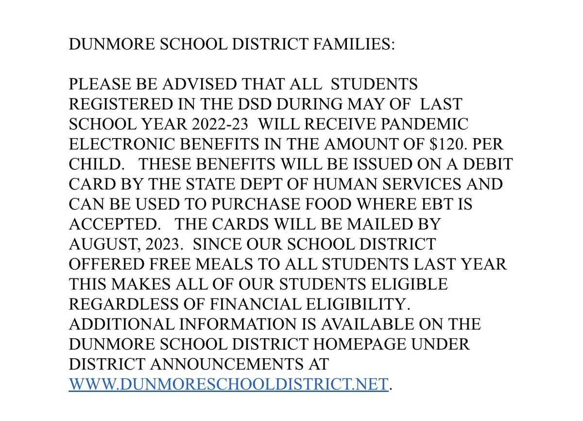 Please read the following statement about pandemic food benefits for families enrolled in the district as of May 2023.