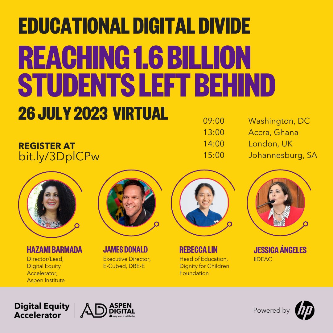 Starting in 15 minutes! Join our own @HazamiBarmada and @IIDEAC, #DignityforChildrenFoundation, E-Cubed for a robust discussion on #Education #DigitalDivide, #DigityEquity, and the future of #students. Join us >> aspeninstitute.zoom.us/webinar/regist…