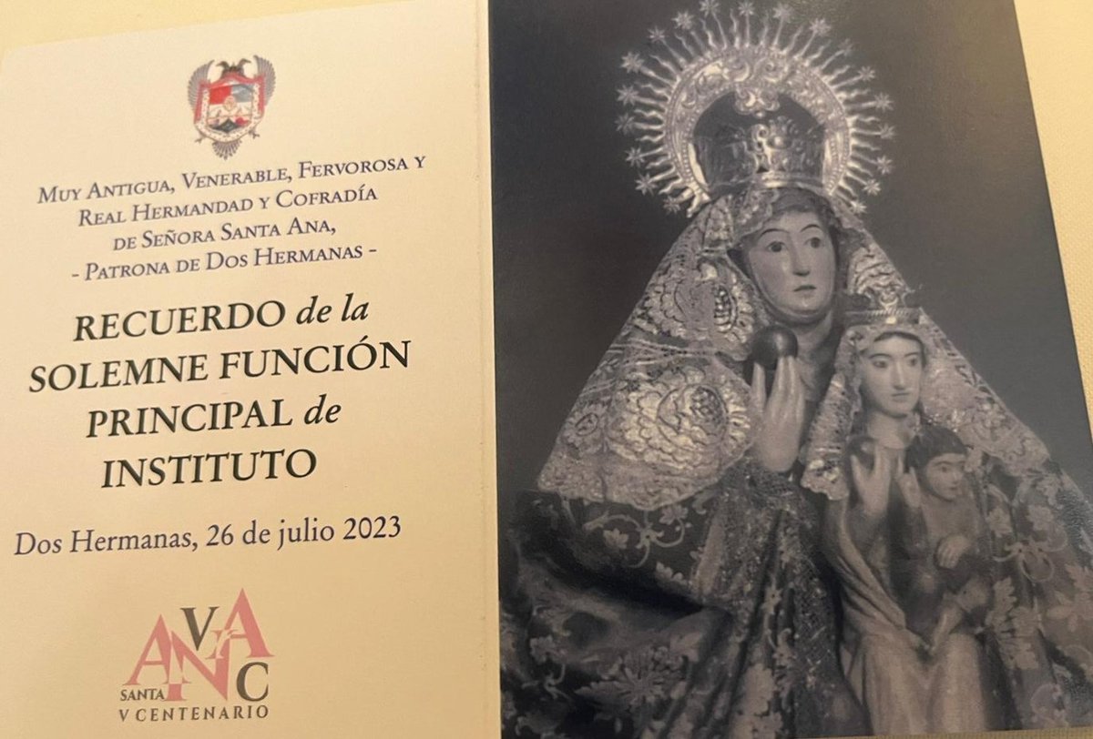 TrashorrasVOX's tweet photo. Hoy es el día de la Patrona de #DosHermanas Santa Ana, con especial mención a @HdadSantaAnaDH en su V Centenario. Hemos participado en la solemne función principal de Instituto como representantes del @aytodoshermanas y de @Vox_2Hermanas 
¡Felicidades a todos los nazarenos! https://t.co/xj7d85ujmn