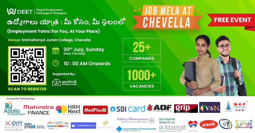 The Chevella Job Mela 2023 is here! 
25+ Companies, 1000+ Vacancies & Spot Offer Letter. 

🗓️ Date: 30th July 2023
📍 Venue: Sri Chaitanya Junior College
🕚 Time: 10 AM OnwardsLimited Seats - Book Your Slot for Free. 

#chevella #telanganayouth #jobsintelangana #telanganajobs