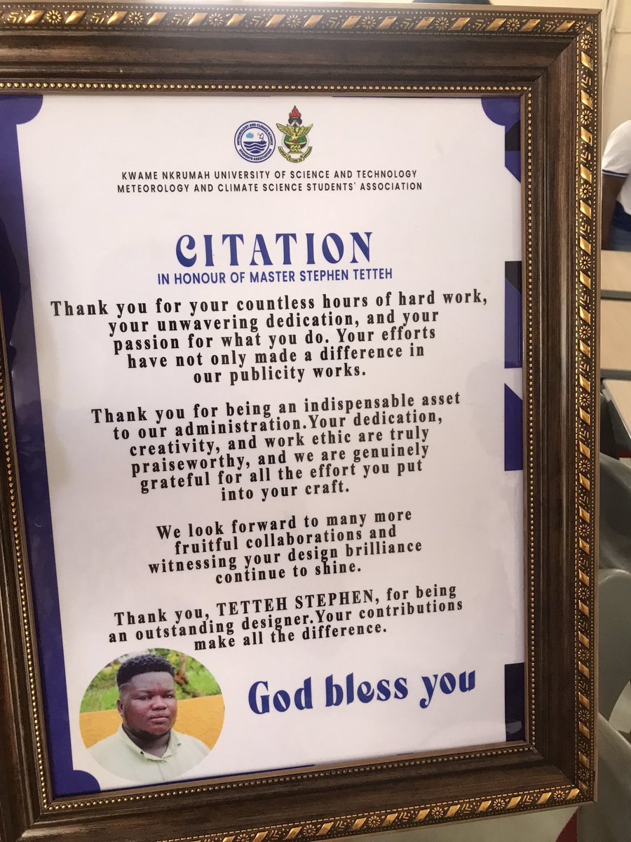 mecssaknust's tweet photo. [MECSSA WEEK CELEBRATION]

A citation presented to Stephen Tetteh popularly known as Menz Graphics for his dedication and enormous contribution towards the Association in terms of Graphic designs.

#EarlyWarningEarlyAction | #MECSSAWeek https://t.co/QG257nJ0Em