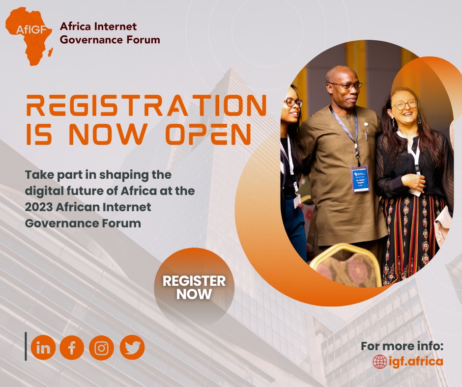 📢 Exciting News! 

Registration for the 2023 Africa Internet Governance Forum (AfIGF) is now open! Don't miss this opportunity to be part of the conversation. Register at igf.africa/register-now-f…

#AfricaIGF2023 #AfIGF23 #InternetGovernance #DigitalAfrica