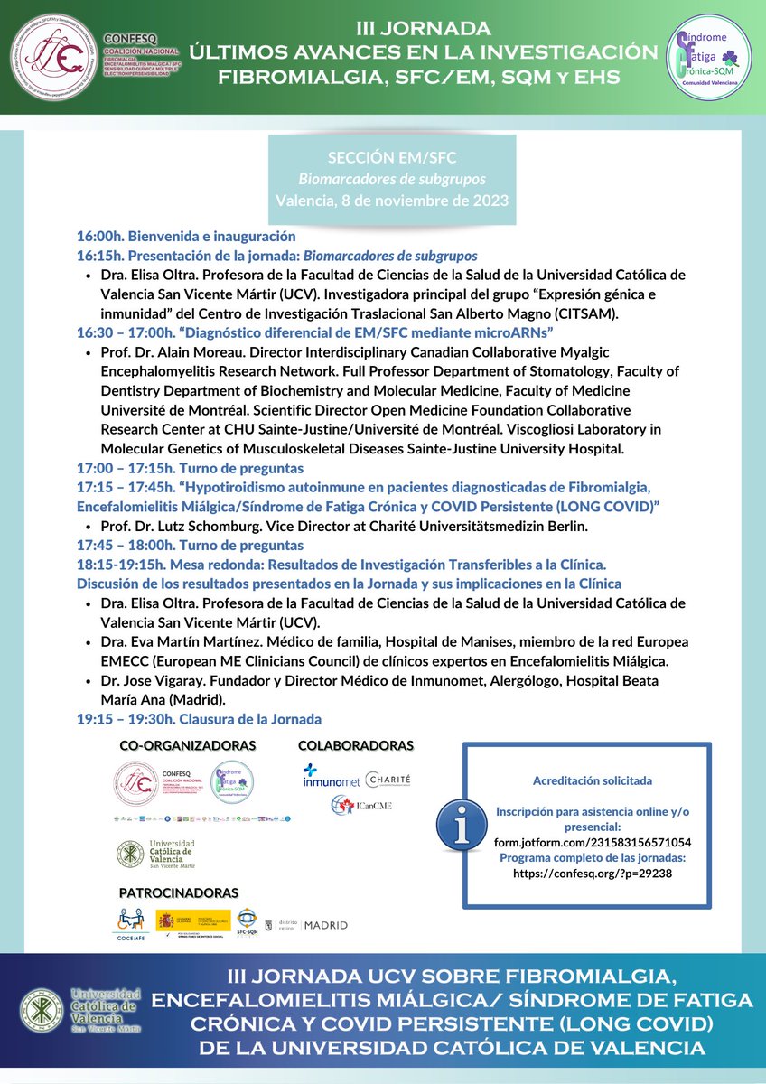 🔬Biomarcadores de subgrupos. Tercera sección sobre #EMsfc de las #IIIJornadasInvestigaciónCONFESQ
🗓️8 de noviembre en Valencia y online. Te esperamos a las 16:00h.
✍️Puedes inscribirte aquí: form.jotform.com/231583156571054
👁‍🗨No te pierdas el programa completo👇👇👇