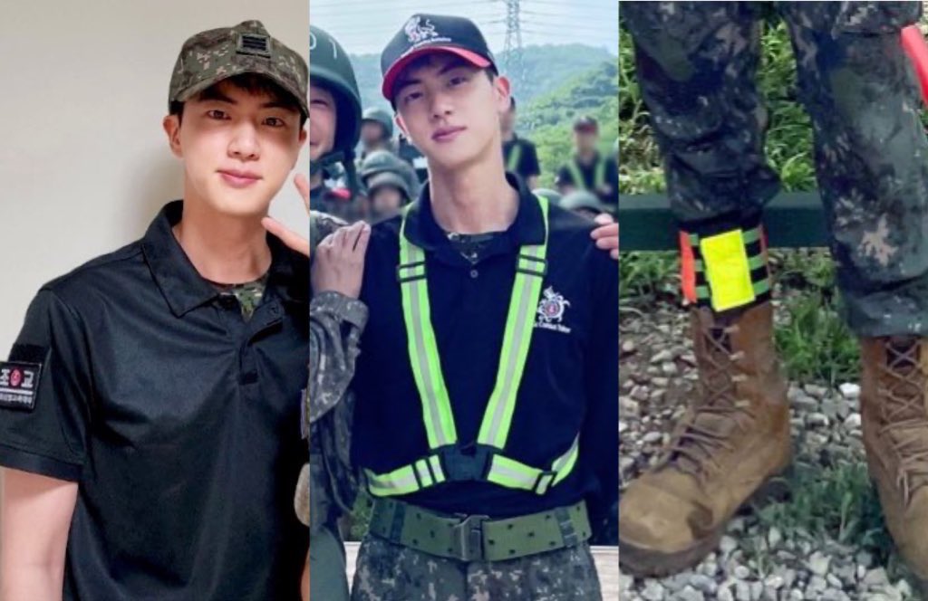 JINUSASUPPORTGP's tweet photo. -Corporal cap with three strips 
- Assistant Drill Instructor badge on shirt sleeve  
- Special warrior shirt 
- Basic Combat Training Battalion red cap 
- reflective suspenders
- reflective band near his shoes

Corporal Kim Seokjin 
Special Warrior Kim Seokjin
#방탄소년단진 #JIN https://t.co/gLfw1c16We