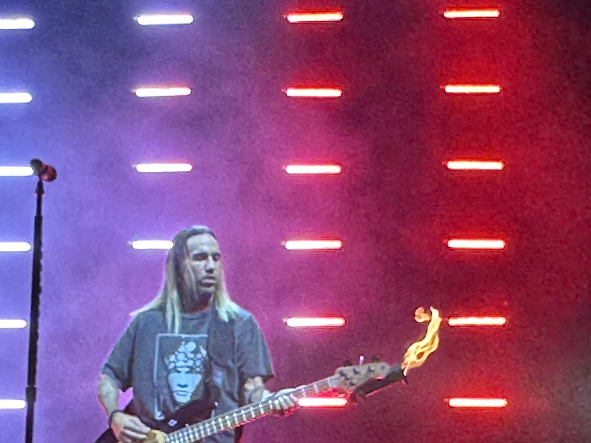 ThePaulAntill's tweet photo. Fire works + flaming bass + giant dog = @falloutboy ft. Tosh Peterson of @royalandtheserp. https://t.co/KsxqySGPTl