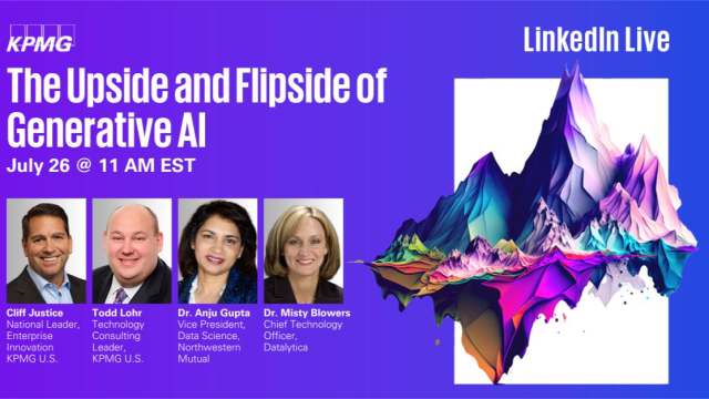 Dulaney411's tweet photo. Join @KPMG_US and @NM_Financial leaders for a @LinkedIn discussion on how to balance responsibility with speed as organizations embed #generativeAI into their operations. https://t.co/Lg2ViR7hug https://t.co/UwVKmRUU9g
