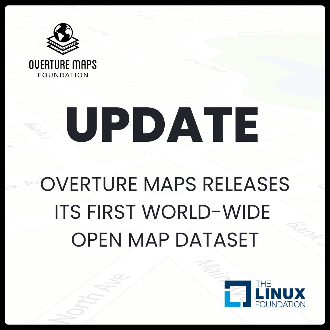OvertureMaps's tweet photo. Update: We've released our initial open map datasets.  

The milestone release includes Places of Interest, Buildings, Transportation Network, and Administrative Boundaries layers, establishing a baseline for our future work on open map data.  

Learn more:https://t.co/4XQGDD8OMz https://t.co/LpKePKqkWg