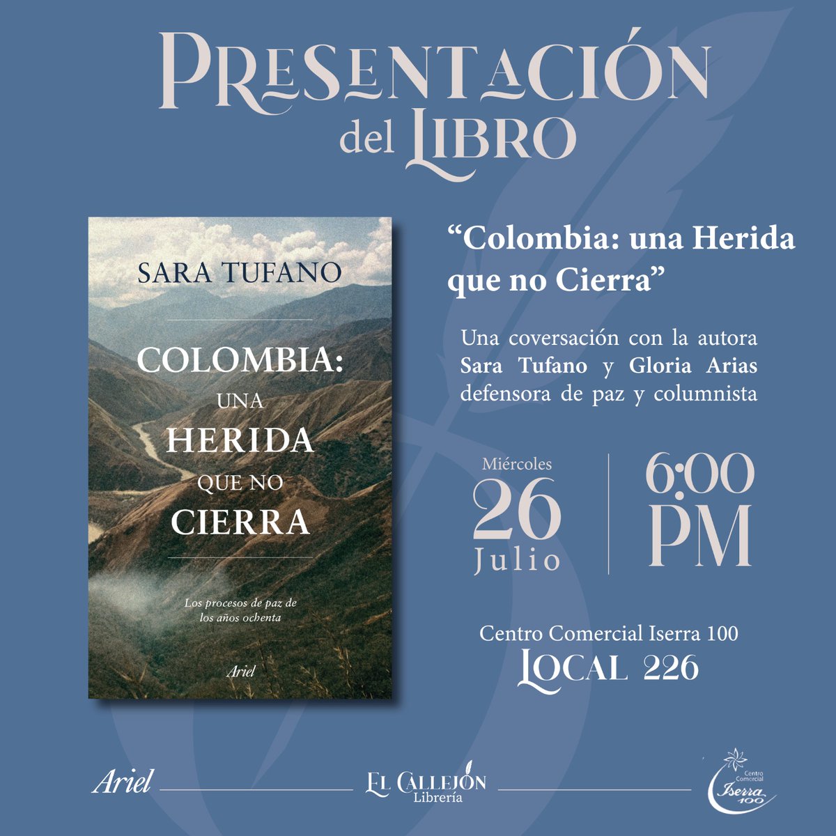 SaraTufanoZ's tweet image. Muchas gracias a la gran defensora de paz @gloriariasnieto de @DefendamosPaz por acompañarme esta tarde en una nueva conversación sobre mi libro. ¡Una excelente oportunidad para que conozcan El Callejón Librería! ¡Les esperamos! 💜🕊️