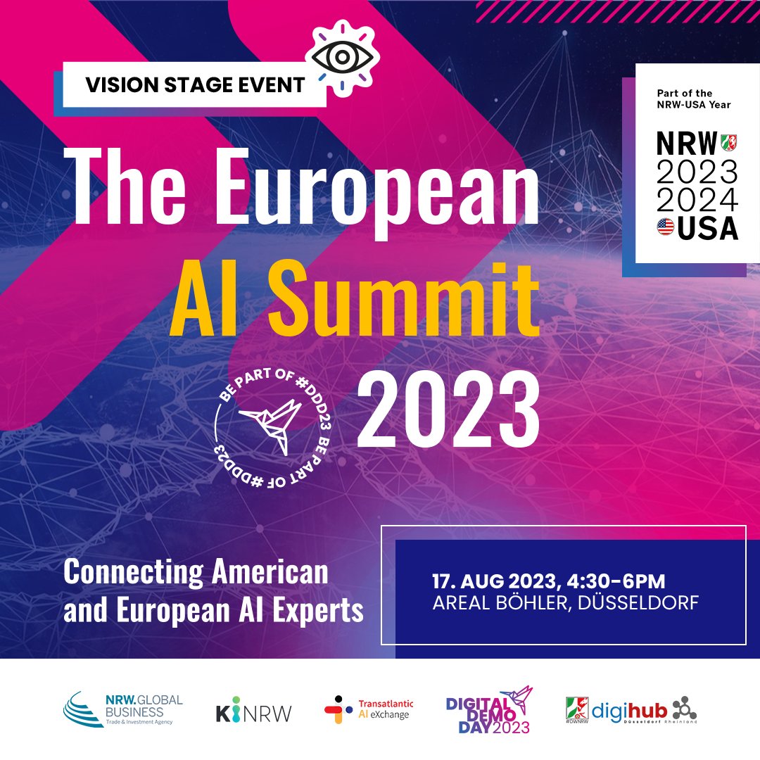 🌎 »Connecting American and European AI Experts in DeepTech and Sustainability« - darum geht's beim »European AI Summit 2023«, der am 17. Aug. im Rahmen des #DIGITALDEMODAY stattfindet. Wir sind als Partner dabei und laden Sie herzlich ein! 

➡️ digitaldemoday.com/the-european-a… #NRWkannKI