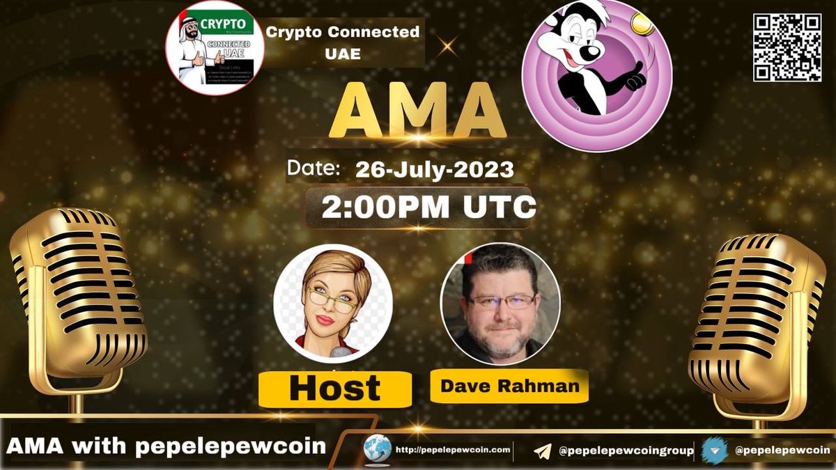 Wild West Crypto Doug (@wildwestcryptod) on Twitter photo #PepeLePewCoin AMA with <a href="/CConnectedUAE/">Crypto Connected UAE (Spaces+AMA)</a>
When? Wednesday July 27, 2023
Time? 10 am EST / 2 pm UTC
Where? Telegram Group @Crypto_Connected_UAE
Prizes? $100 reward pool - See TG for details. #PepeLePewCoin AMA with <a href="/CConnectedUAE/">Crypto Connected UAE (Spaces+AMA)</a>
When? Wednesday July 27, 2023
Time? 10 am EST / 2 pm UTC
Where? Telegram Group @Crypto_Connected_UAE
Prizes? $100 reward pool - See TG for details.