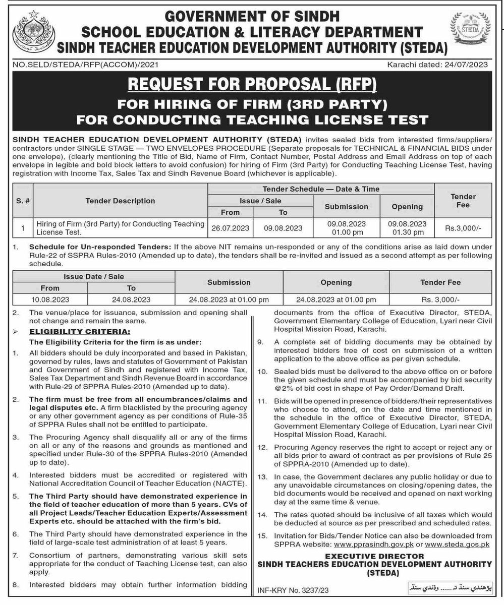 MinisterEduGos's tweet photo. The #SindhEducation Dept has launched RFP to hire the third party hiring for conducting the teaching license policy test. 

Sindh is first ever province in country to have this  giant development in Education.

@BBhuttoZardari @AseefaBZ @MuradAliShahPPP @sardarshah1 @ShehzadRoy https://t.co/FDGeTUVfaO
