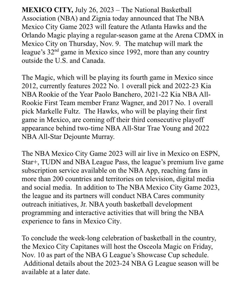 Hawks, Magic headed to Mexico City for NBA regular season game Nov