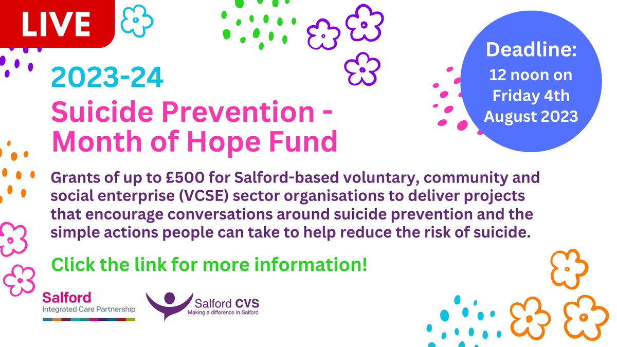 Grants of up to £500 are available for Salford-based voluntary, community and social enterprise sector organisations to deliver projects that encourage conversations around suicide prevention!

Read more on Suicide Prevention - Month of Hope Fund: lght.ly/0m061ga