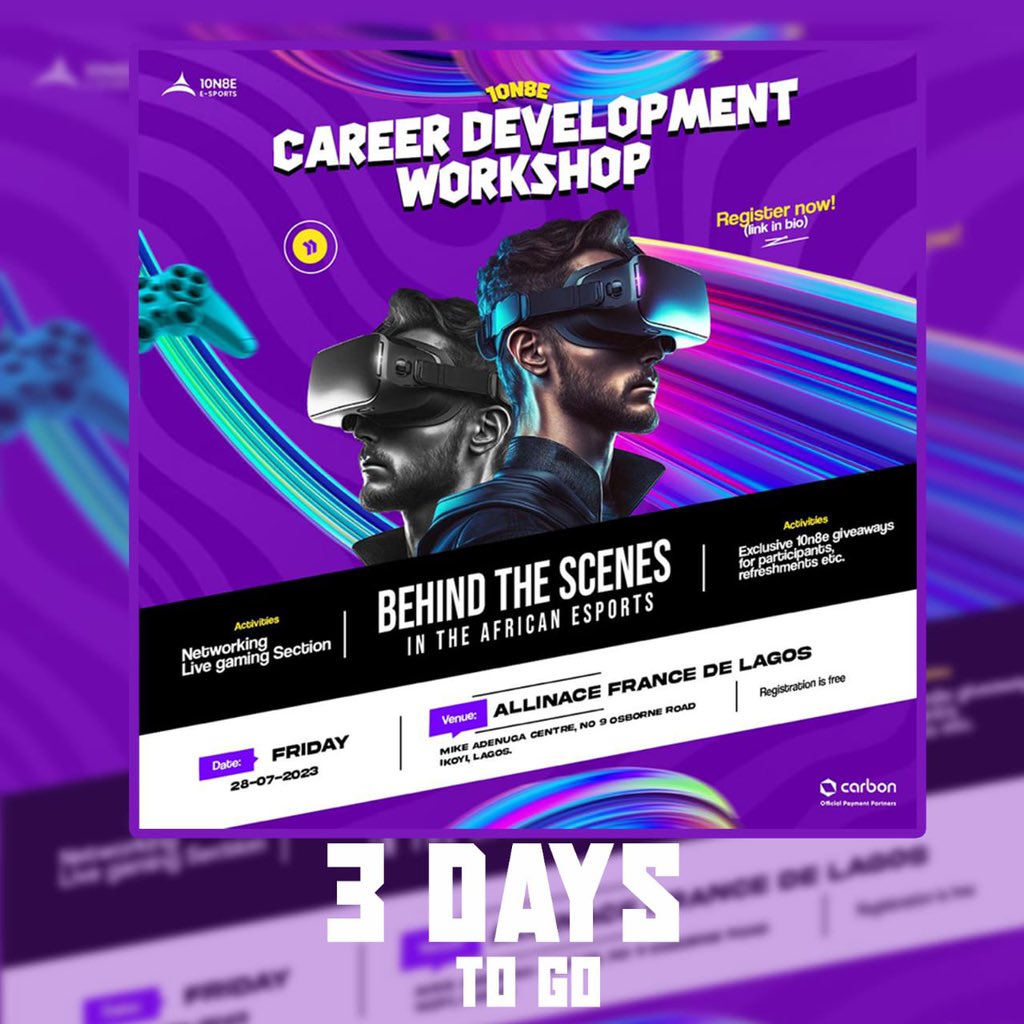 3 days to go💃🏽

Have you registered for this event yet? 🤷‍♀️You don't want to miss out on this opportunity.

Reserve your spot 🙋‍♀️and register now!

Link in bio

#esports #esportscareer