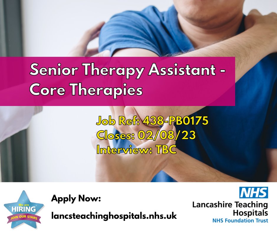 LancsHospJobs's tweet photo. Job Vacancy: Senior Therapy Assistant @LancsHospitals
⏰Closes: 02/08/2023
Read more and apply: https://t.co/FZaXJVhLbP
#NHS #NHSjobs #Lancashire #LancashireJobs #SeniorTherapyAssistant #CoreTherapies @RPHTraumaOrtho #Preston https://t.co/dlEC9GAVOd