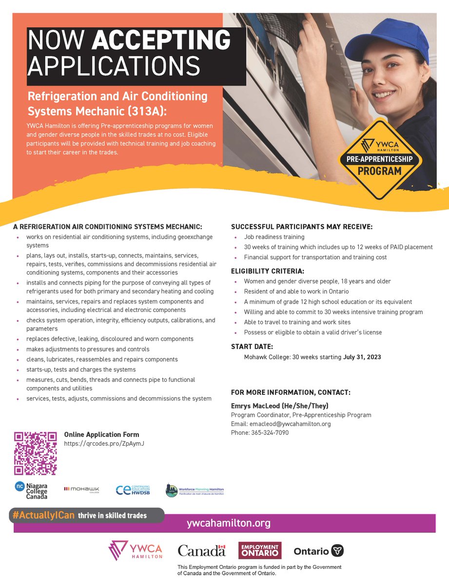 Are you interested in a career in the skilled trades?  The @YWCA_Hamilton Refrigeration and Air Conditioning Systems Mechanic (HRAC) Program offers

• job readiness training
• skills upgrading
• paid work placement

The next session starts on July 31. ow.ly/rjLY50P9YT4