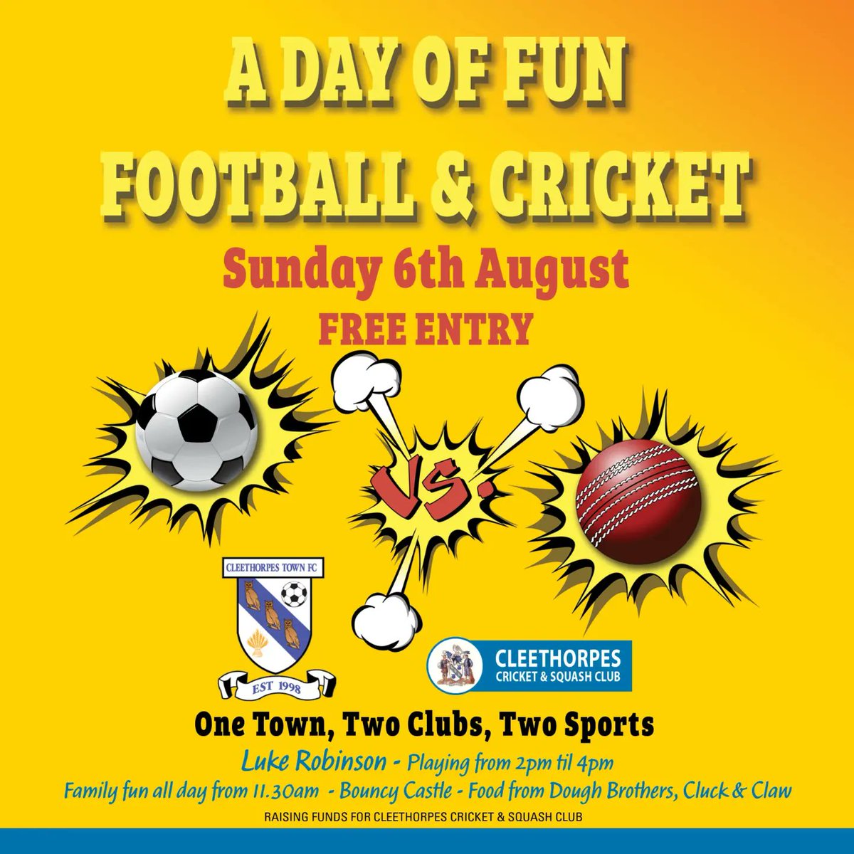 Sunday 6th August. 1 Town🦉 2 Clubs 2 sports⚽️🏏 2 mixed teams from @cleeccsc and @CleeTownFC will compete in ⚽️ & 🏏 from 11.30am. Bouncy castles for kids, Luke Robinson playing his acoustic sounds, food on the day by Cluck and Claw🦞, Dough Brothers🍕 Free entry for all