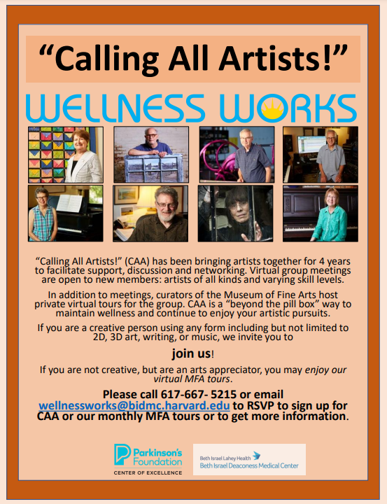 BIDMC_PD_Center's tweet photo. Have you tried expressing #creativity as a way to stay positive? What sparks your artistic talent? Calling All Artists is a virtual program for artists living with #PD Join us tomorrow Thursday 7/27 @ 1:30 PM. Email mguo1@bidmc.harvard.edu to register. #WellnessWorks https://t.co/efVuz6tfRO