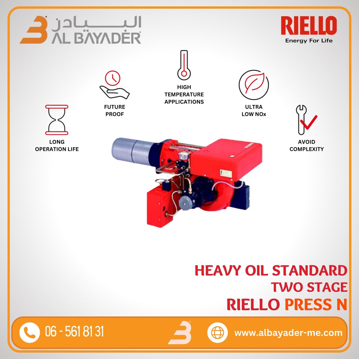 AlbayaderUAE's tweet photo. 🔥 Introducing Riello PRESS N Series Heavy Oil Burner! 🔥
Firing Range: 171 to 1140 kW
Two-stage operation for optimal performance
Microprocessor control panel for easy diagnostics
Customizable combustion head for efficiency
Compatible with higher viscosity oils https://t.co/IpqQcjqyeD