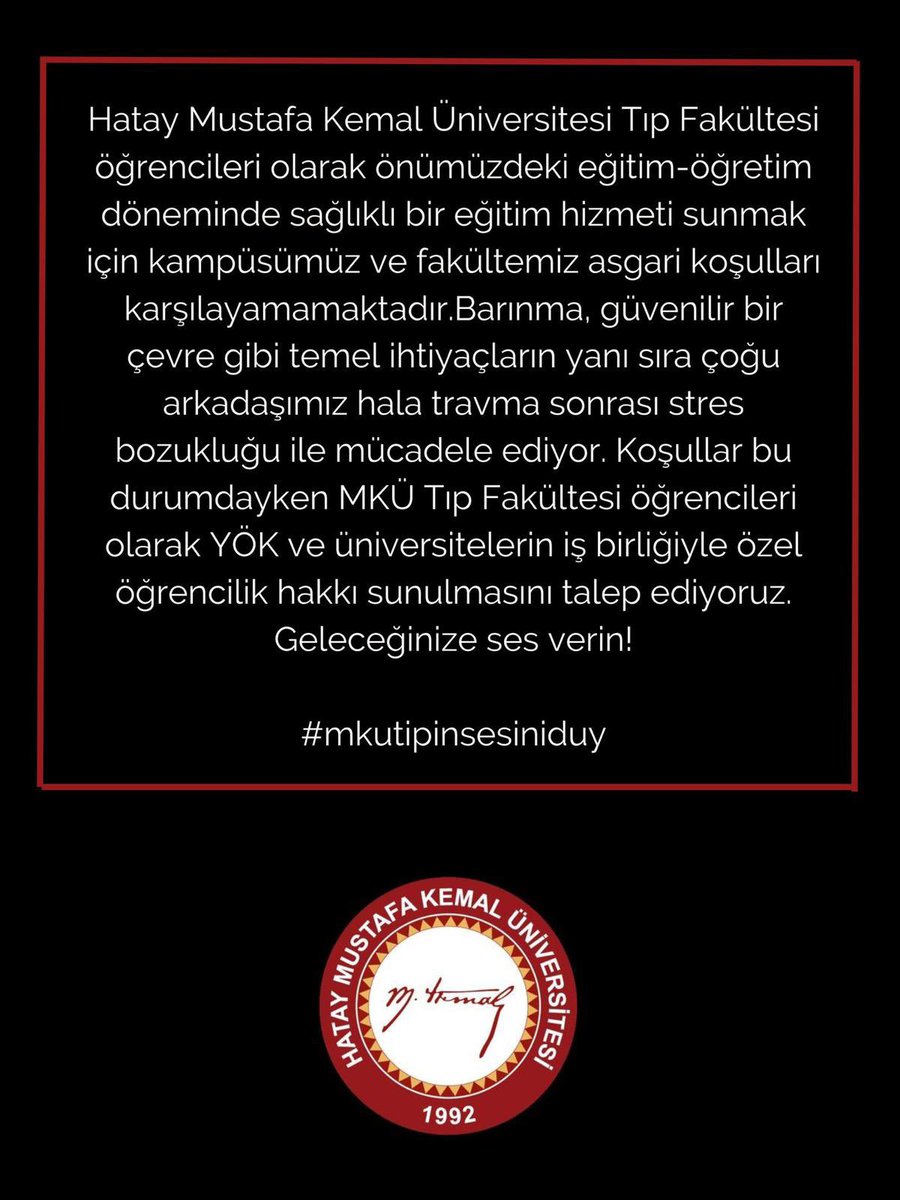otonomempire1's tweet photo. Hatay Mustafa Kemal Üniversitesi Tıp Fakültesi  ve kampüsümüz hizmet vermek için asgari koşulları karşılayamamaktadır. YÖK ve üniversitelerin iş birliğiyle özel öğrencilik talep ediyoruz. 
#mkutipinsesiniduy https://t.co/7wE1GpD48U