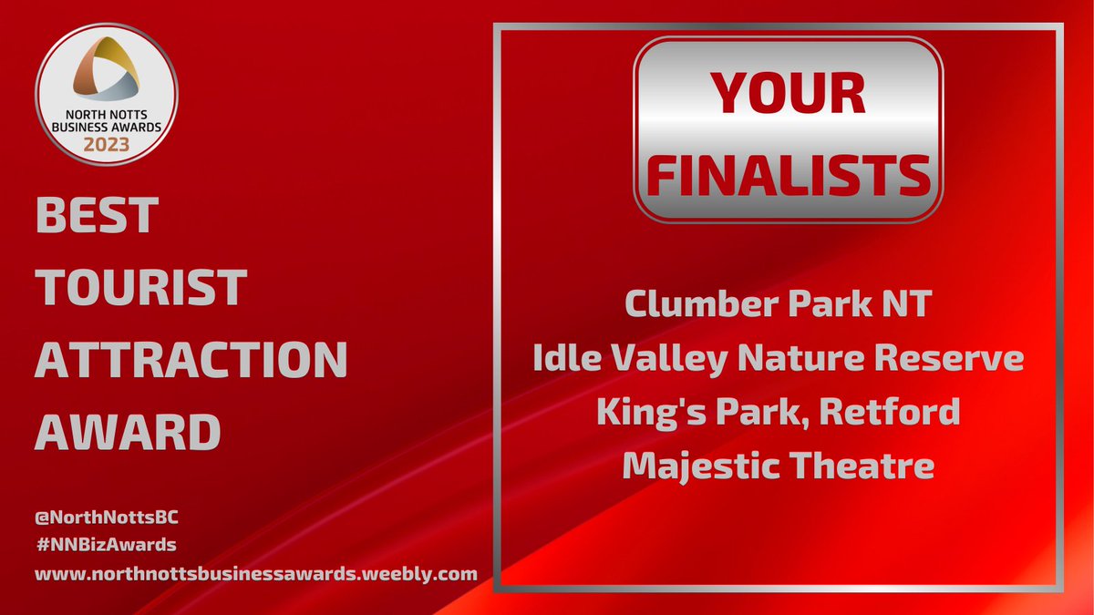 North Notts Business Awards 2023 finalists. Best Tourist Attraction Award:- @NTClumberPark @IdleValleyChat King’s Park, @BassetlawDC @MajesticRetford Sponsorship available, visit bit.ly/3jrp8is Plse RT #NNBizAwards