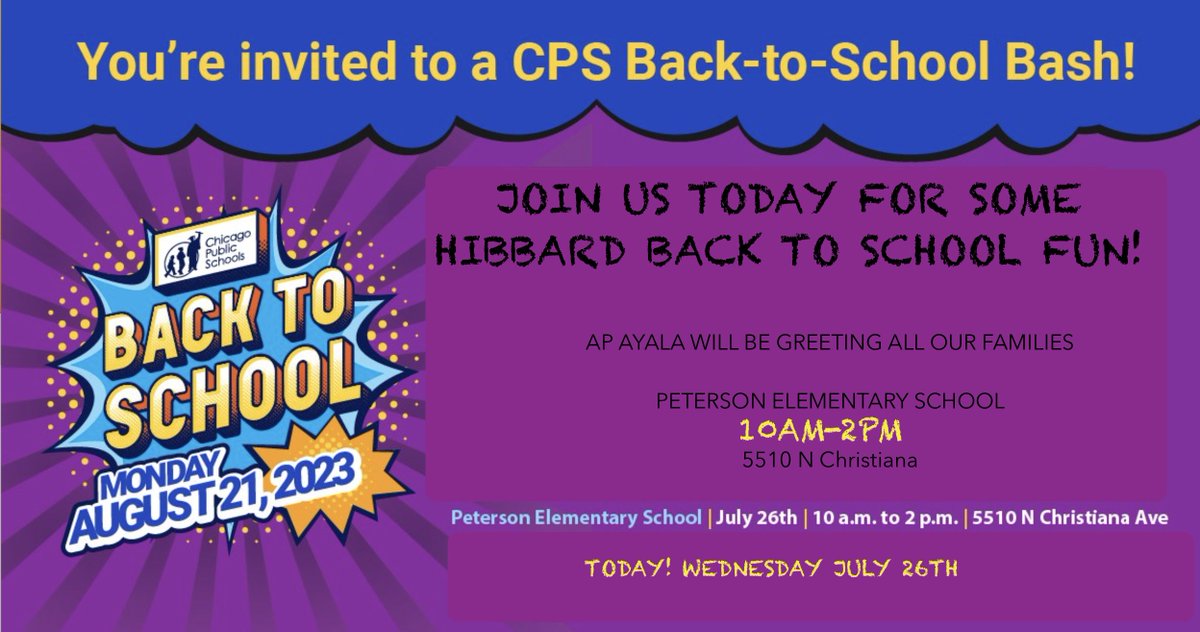 Today is the Back to School Bash @ Peterson Elementary School from 10AM -2PM!