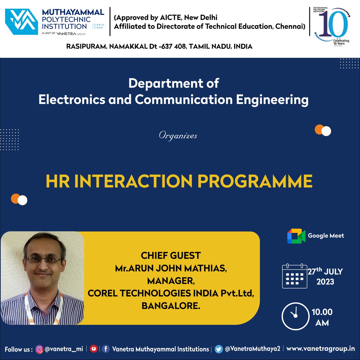 VanetraMuthaya2's tweet photo. Department of Electronics and Communication Engineering of Muthayammal Polytechnic Institution organizes HR Interaction Programme on 27.07.2023.
#HR #InteractionSession #programme #ECE #ece #communication #hrinteraction https://t.co/5otpbSfb2w