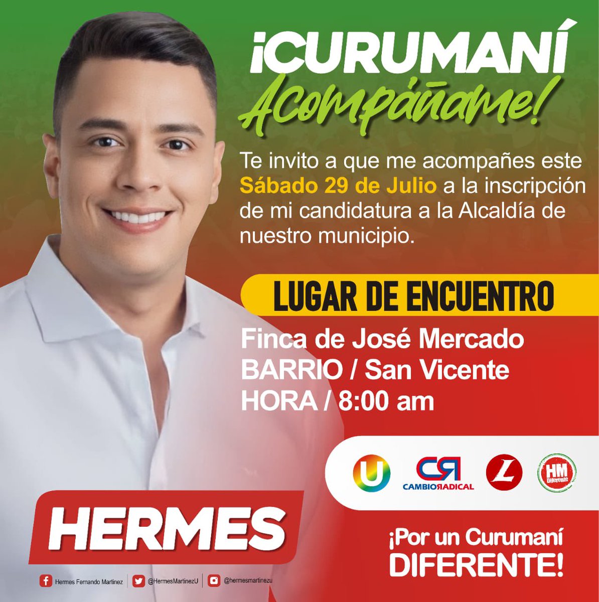 HermesMartinezU's tweet photo. El 29 de julio, inicia mi camino a la Alcaldía de Curumaní, un sueño personal, que se ha convertido en el sueño colectivo de mi pueblo. 

Te invito a que me acompañes y que juntos, construyamos un Curumaní Diferente. https://t.co/QpUOOWxaq5
