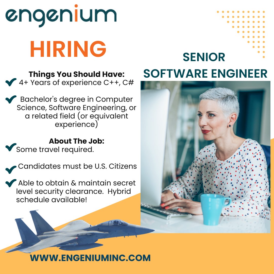 EngeniumCareers's tweet photo. 🚨 NEW JOB ALERT! 🚨

🔥 Hybrid Work Schedule

🔥 Full Time

🔥 Some Travel

We are hiring a Senior Software Engineer! Click the link to apply now https://t.co/Zenu6IsvI6

#softwareengineer #seniorsoftwareengineer #jobalerts #software #hybridjobs #nowhiring #linkedin #network https://t.co/C0NVWx0B4n