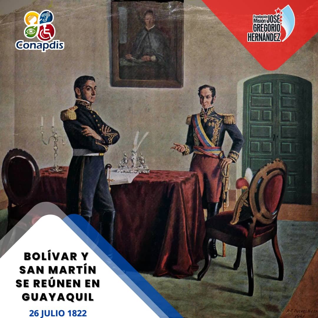 Conapdis's tweet photo. #Efemérides🗓️| Entre los días 26 y 27 de julio de 1822 se realizó el encuentro entre los generales José de San Martín y Simón Bolívar que marcó el rumbo de la Independencia Latinoamericana. #PlanDescontaminaciónDelLago https://t.co/xkHTzlKcui