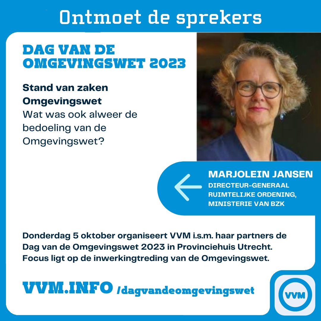 Sprekers in het plenaire programma van de Dag vd #Omgevingswet op 5 oktober zijn @jelle_hannema van <a href="/Vitens/">Vitens</a>, Anouk Schwegler van Friesland Campina en <a href="/MarjoleinJanse1/">Marjolein Jansen</a> van @AandeslagOw
