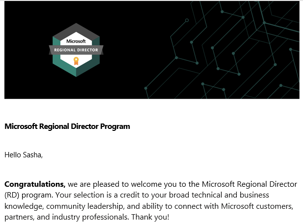 Delighted to announce that I’ve been recognized as a Microsoft Regional Director and accepted into the RD Program. Thank you Microsoft and members of this amazing community for all your support!
#RDbuzz #Microsoft #MVPbuzz @Microsoft @MVPAward