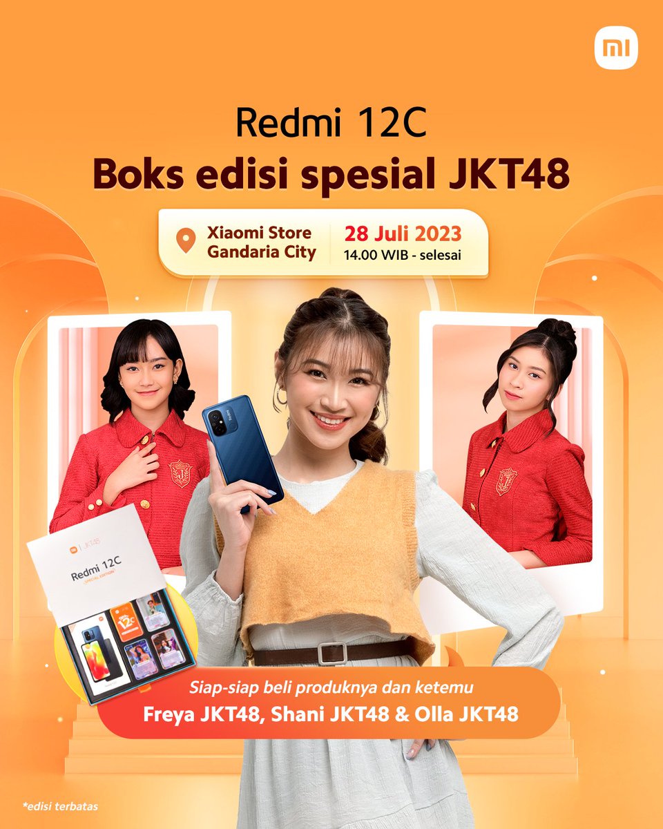 XiaomiIndonesia's tweet photo. Siapa yang udah nunggu-nunggu cara beli Redmi 12C special box x JKT48?
Nih, jawabannya! Disimak baik-baik ok?

Mimin tunggu di Xiaomi Store Mall Gandaria City jam 14.00 WIB hari Jumat, 28 Juli 2023!
Sampai ketemu di sana bareng sama @N_ShaniJKT48, @F_OllaJKT48, dan @Freya_JKT48 https://t.co/dMCfd6cuf1