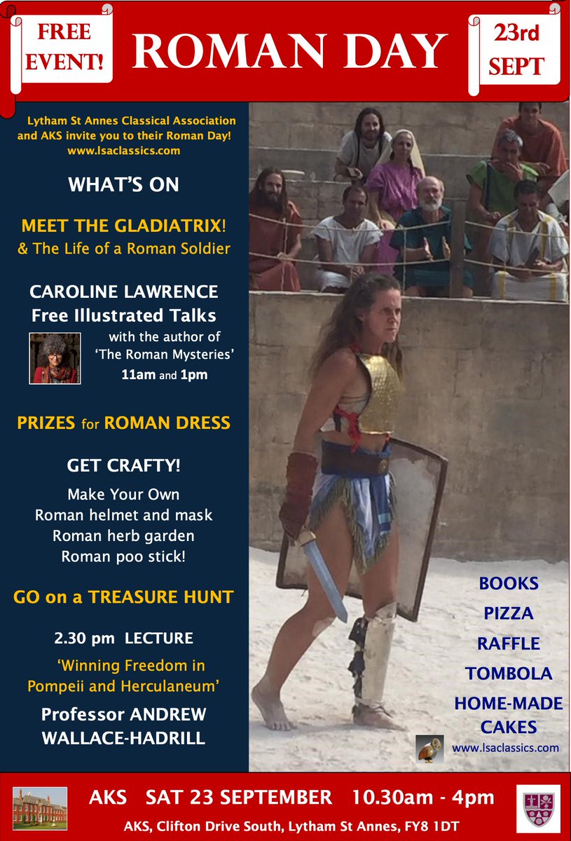 Revealing our 10th Anniversary programme! 
Event #2: the much anticipated...

LSA CA ROMAN DAY 
<a href="/AKSSchool/">AKS Lytham</a> 
Saturday 23 September
10.30am-4pm

Gladiatrix, Crafts, Family Fun, Roman Dress
Lecture &amp; Talks
Free and open to all - prizes to be won! 
🍕🧁 💐

<a href="/lsaexpress/">LSA Express</a> <a href="/leafylytham/">Greg</a>